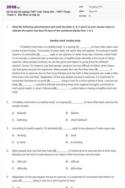 Đề thi thử tốt nghiệp THPT môn Tiếng Anh - THPT Thuận Thành 3 - Bắc Ninh có đáp án