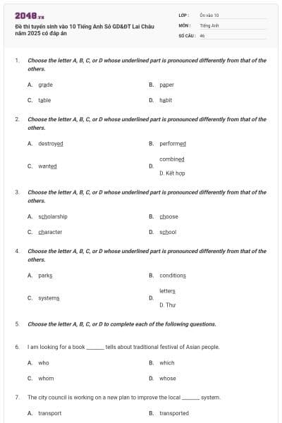 Đề thi tuyến sinh vào 10 Tiếng Anh Sở GD&ĐT Lai Châu năm 2025 có đáp án