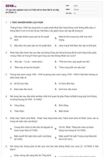 15 câu trắc nghiệm Lịch sử 9 Kết nối tri thức Bài 8 có đáp án (Phần 1)