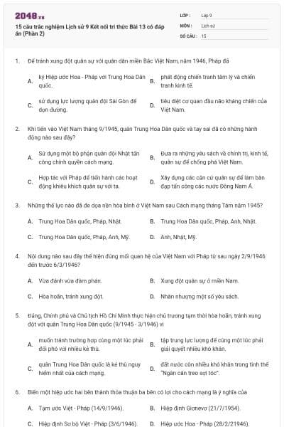 15 câu trắc nghiệm Lịch sử 9 Kết nối tri thức Bài 13 có đáp án (Phần 2)