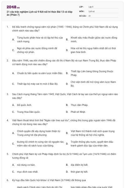 21 câu trắc nghiệm Lịch sử 9 Kết nối tri thức Bài 13 có đáp án (Phần 7)