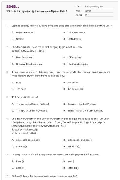 300+ câu trắc nghiệm Lập trình mạng có đáp án - Phần 9