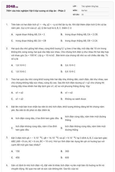 700+ câu trắc nghiệm Vật lí đại cương có đáp án - Phần 2