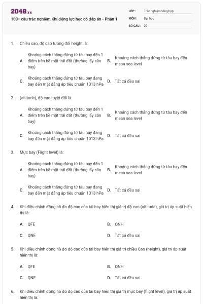 100+ câu trắc nghiệm Khí động lực học có đáp án - Phần 1