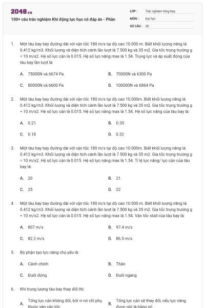 100+ câu trắc nghiệm Khí động lực học có đáp án - Phần