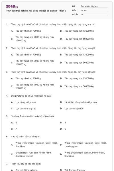 100+ câu trắc nghiệm Khí động lực học có đáp án - Phần 5