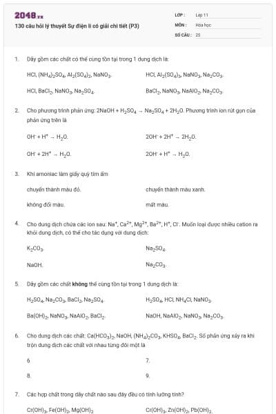 130 câu hỏi lý thuyết Sự điện li có giải chi tiết (P3)
