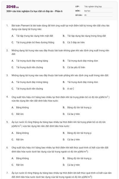 300+ câu trắc nghiệm Cơ học đất có đáp án - Phần 6