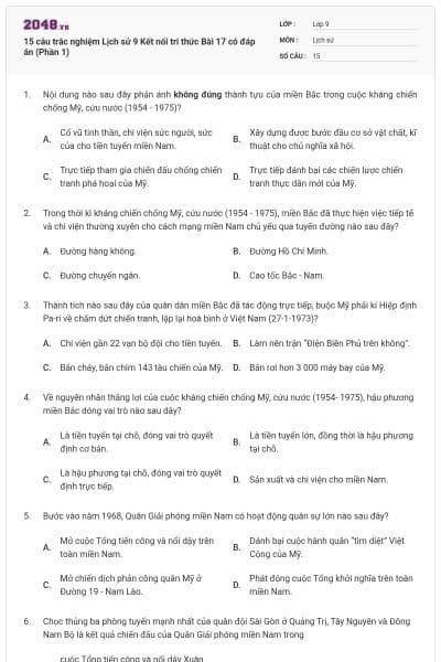 15 câu trắc nghiệm Lịch sử 9 Kết nối tri thức Bài 17 có đáp án (Phần 1)