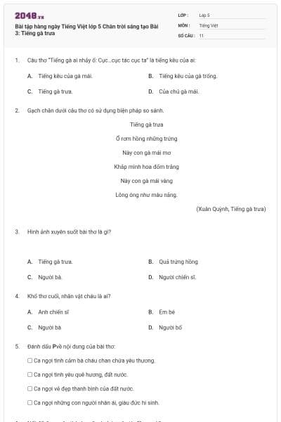 Bài tập hàng ngày Tiếng Việt lớp 5 Chân trời sáng tạo Bài 3: Tiếng gà trưa