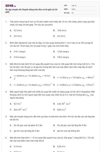 Ôn tập chuyên đề Chuyển động tròn đều có lời giải (có lời giải)