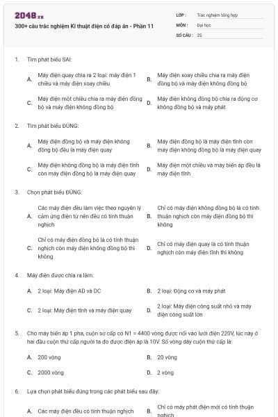 300+ câu trắc nghiệm Kĩ thuật điện có đáp án - Phần 11