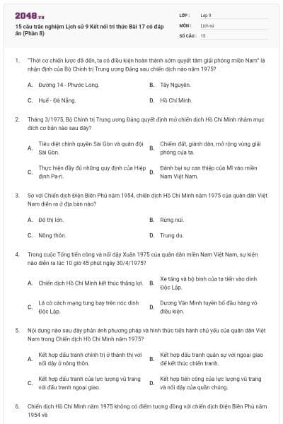 15 câu trắc nghiệm Lịch sử 9 Kết nối tri thức Bài 17 có đáp án (Phần 8)