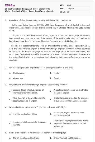 20 câu trắc nghiệm Tiếng Anh 9 Unit 1. English in the World - Reading & Writing - iLearn Smart World có đáp án