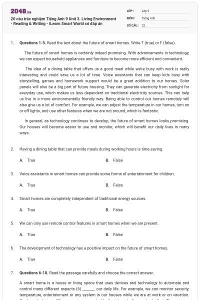 20 câu trắc nghiệm Tiếng Anh 9 Unit 3. Living Environment - Reading & Writing - iLearn Smart World có đáp án