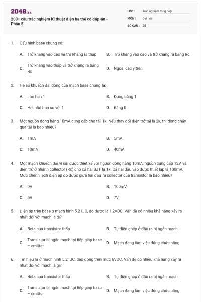 200+ câu trắc nghiệm Kĩ thuật điện hạ thế có đáp án - Phần 5