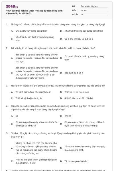 400+ câu trắc nghiệm Quản lý và lập dự toán công trình điện có đáp án - Phần 5