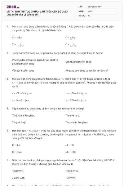 ĐỀ THI THỬ THPTQG CHUẨN CẤU TRÚC CỦA BỘ GIÁO DỤC MÔN VẬT LÝ (Đề số 30)