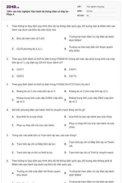 100+ câu trắc nghiệm Vận hành hệ thống điện có đáp án - Phần 4