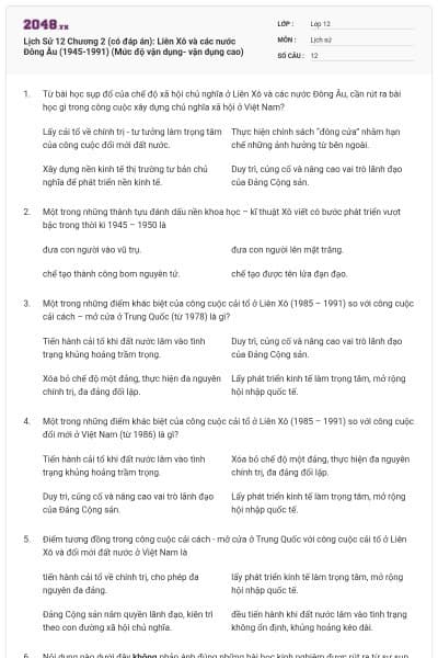 Lịch Sử 12 Chương 2 (có đáp án): Liên Xô và các nước Đông Âu (1945-1991) (Mức độ vận dụng- vận dụng cao)