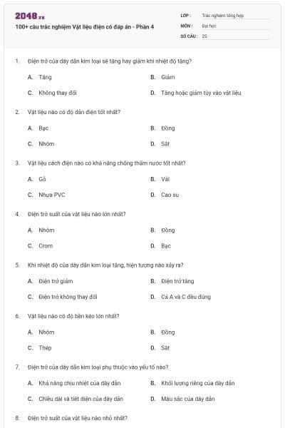 100+ câu trắc nghiệm Vật liệu điện có đáp án - Phần 4