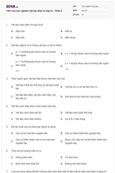 100+ câu trắc nghiệm Vật liệu điện có đáp án - Phần 5