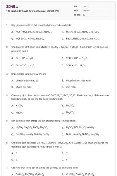 130 câu hỏi lý thuyết Sự điện li có giải chi tiết (P3)
