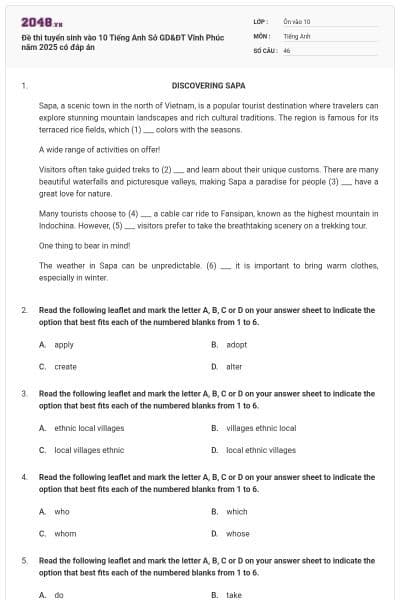 Đề thi tuyển sinh vào 10 Tiếng Anh Sở GD&ĐT Vĩnh Phúc năm 2025 có đáp án