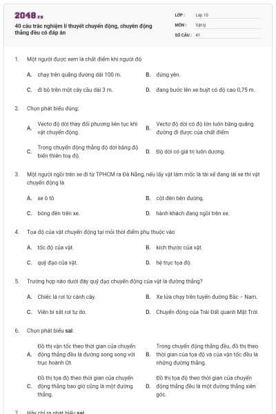 40 câu trắc nghiệm lí thuyết chuyển động, chuyên động thẳng đều có đáp án