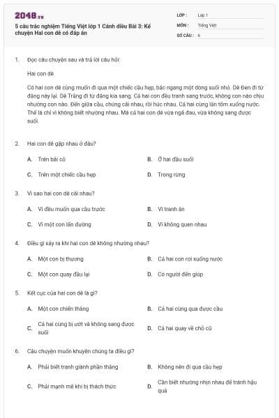 5 câu trắc nghiệm Tiếng Việt lớp 1 Cánh diều Bài 3: Kể chuyện Hai con dê có đáp án