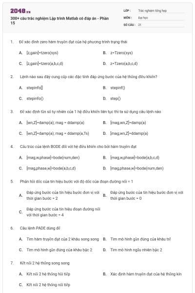 300+ câu trắc nghiệm Lập trình Matlab có đáp án - Phần 15