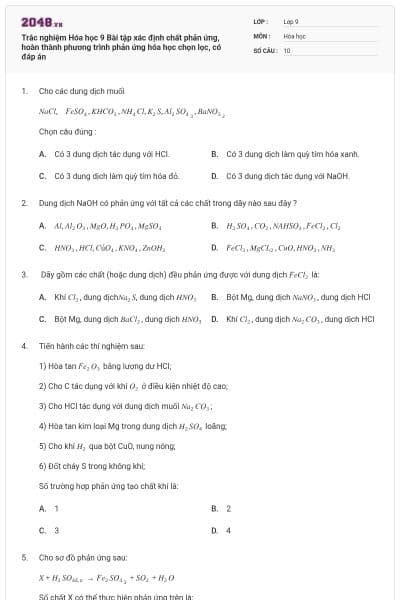 Trắc nghiệm Hóa học 9 Bài tập xác định chất phản ứng, hoàn thành phương trình phản ứng hóa học chọn lọc, có đáp án
