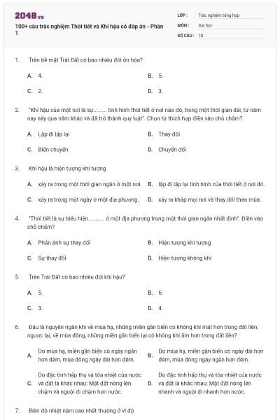 100+ câu trắc nghiệm Thời tiết và Khí hậu có đáp án - Phần 1