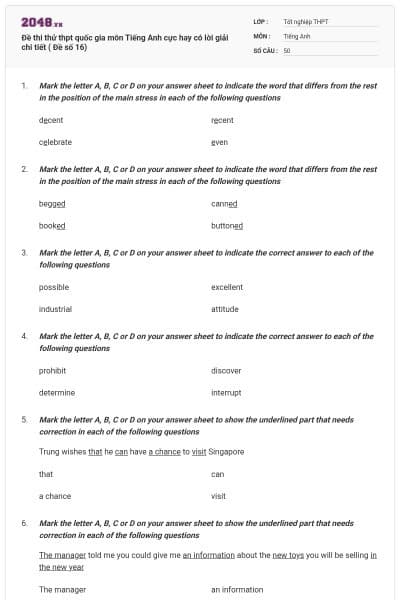 Đề thi thử thpt quốc gia môn Tiếng Anh cực hay có lời giải chi tiết ( Đề số 16)