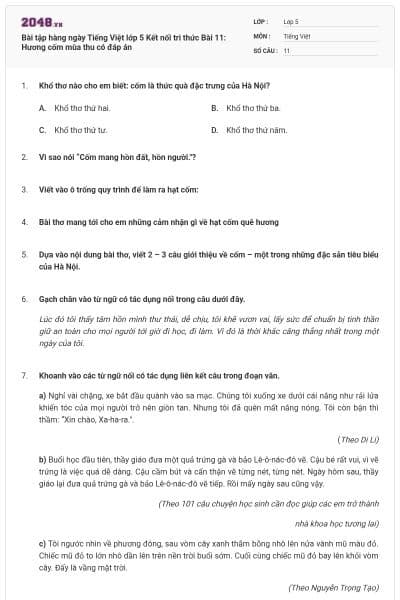 Bài tập hàng ngày Tiếng Việt lớp 5 Kết nối tri thức Bài 11: Hương cốm mùa thu có đáp án