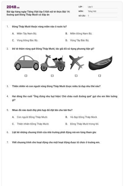 Bài tập hàng ngày Tiếng Việt lớp 5 Kết nối tri thức Bài 14: Đường quê Đồng Tháp Mười có đáp án