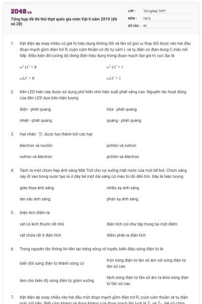 Tổng hợp đề thi thử thpt quốc gia môn Vật lí năm 2019 (đề số 28)
