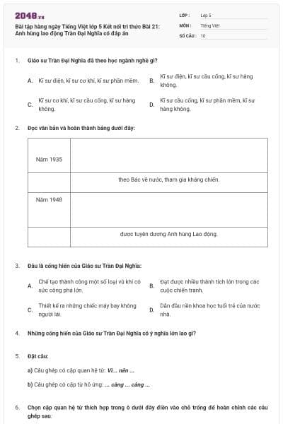 Bài tập hàng ngày Tiếng Việt lớp 5 Kết nối tri thức Bài 21: Anh hùng lao động Trần Đại Nghĩa có đáp án