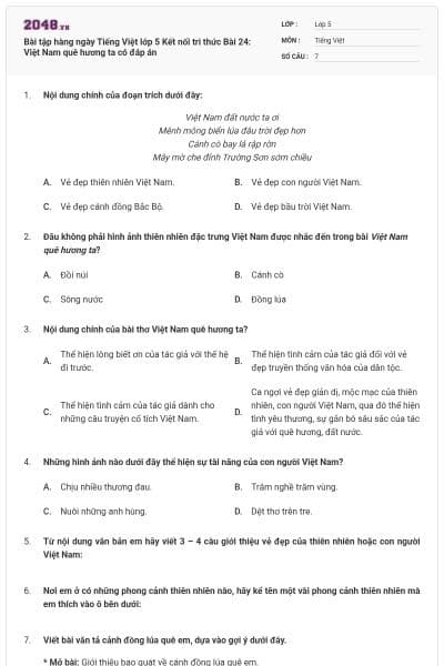 Bài tập hàng ngày Tiếng Việt lớp 5 Kết nối tri thức Bài 24: Việt Nam quê hương ta có đáp án
