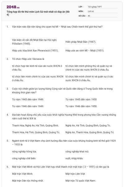 Tổng hợp đề thi thử môn Lịch Sử mới nhất có đáp án (Đề 4)