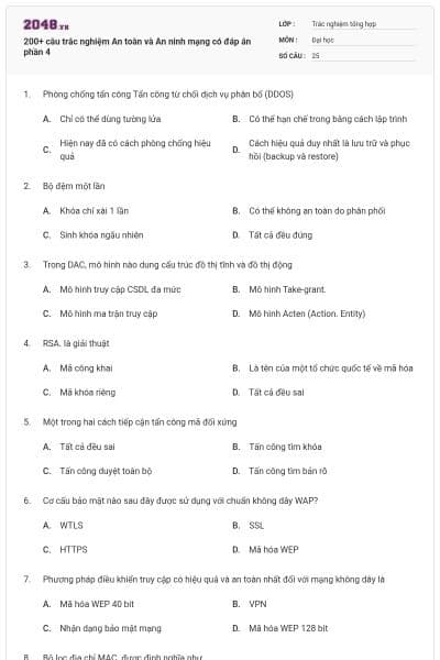 200+ câu trắc nghiệm An toàn và An ninh mạng có đáp án phần 4