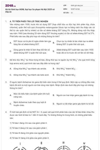 Đề thi Sinh học ĐGNL Đại học Sư phạm Hà Nội 2025 có đáp án