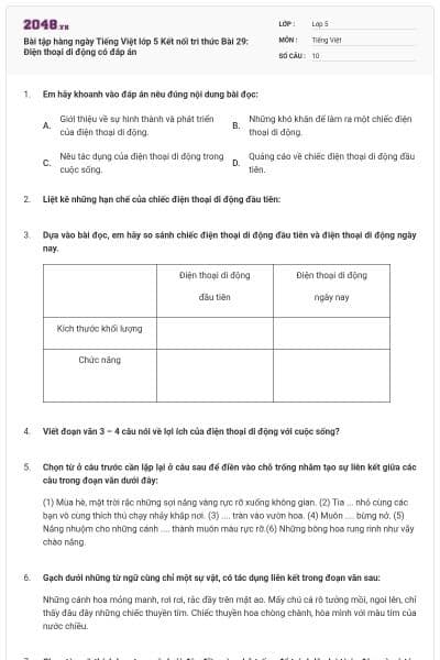 Bài tập hàng ngày Tiếng Việt lớp 5 Kết nối tri thức Bài 29: Điện thoại di động có đáp án