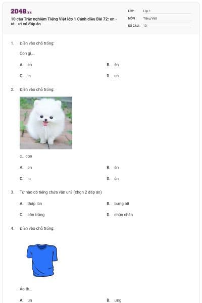 10 câu Trắc nghiệm Tiếng Việt lớp 1 Cánh diều Bài 72: un - ut - ưt có đáp án