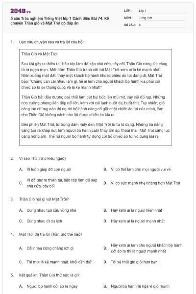5 câu Trắc nghiệm Tiếng Việt lớp 1 Cánh diều Bài 74: Kể chuyện Thần gió và Mặt Trời có đáp án