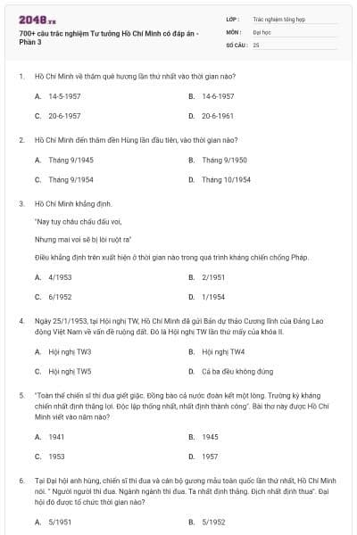 700+ câu trắc nghiệm Tư tưởng Hồ Chí Minh có đáp án - Phần 3