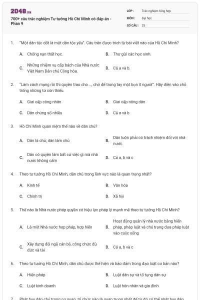 700+ câu trắc nghiệm Tư tưởng Hồ Chí Minh có đáp án - Phần 9