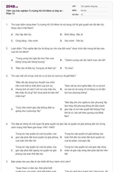700+ câu trắc nghiệm Tư tưởng Hồ Chí Minh có đáp án - Phần 15