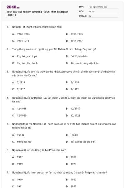 700+ câu trắc nghiệm Tư tưởng Hồ Chí Minh có đáp án - Phần 16