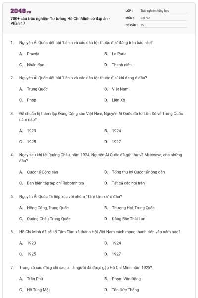 700+ câu trắc nghiệm Tư tưởng Hồ Chí Minh có đáp án - Phần 17